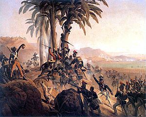 Batalla en Santo Domingo, cuadro de January Suchodolski sobre un choque entre tropas polacas al servicio de Francia y rebeldes haitianos